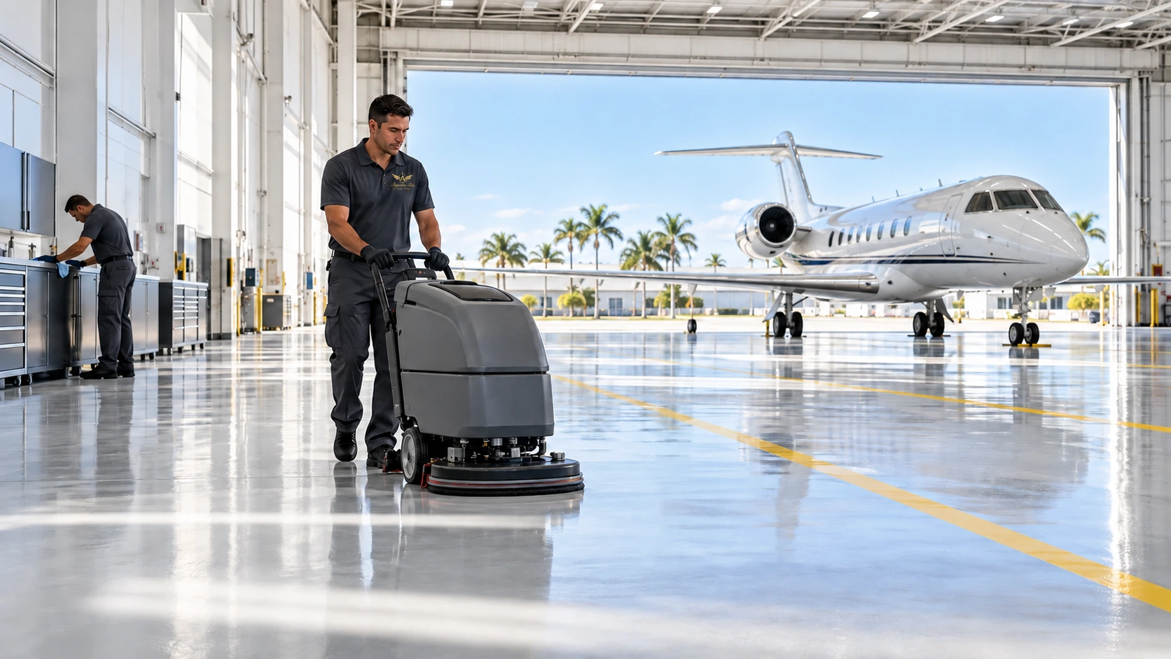 Illustration of machine floor cleaning inside an aircraft hangar